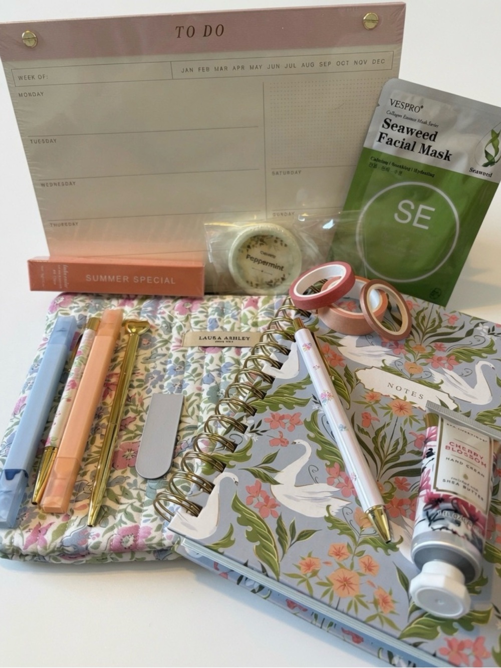 Self care box Pastel Floral Quilted Pouch in Pink, Green & Blue Swan 🦢 journal
